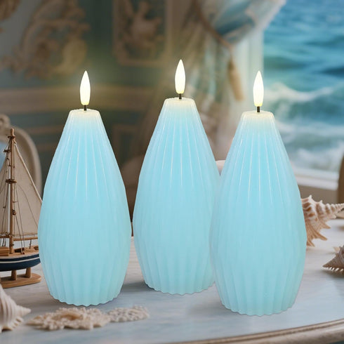 3Pack Blue Ribbed Flameless Candles with Remote Flickering Realistic Battery Powered LED Real Wax Decorative Candle