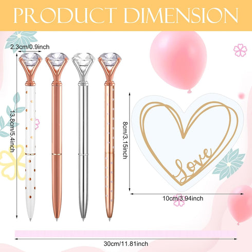Fuutreo 24 Pack Heart Shape Sticky Notes Set with Big Diamond Pens, Memo Pad for Wedding, Crystal Metal Ballpoint Pens