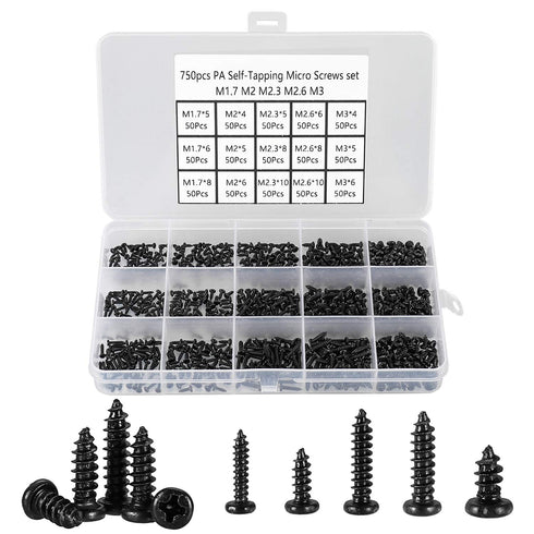 750 Pcs Small/Micro/Tiny/Mini Self-Tapping Screws - M1.7-M3 Phillips Pan Head, Cross Recessed, Carbon Steel (Black)