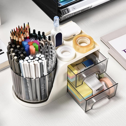 Rotating Desk Organizer with 2 Drawers, Pencil Pen Holder with 4 Compartments for Office, Home, White