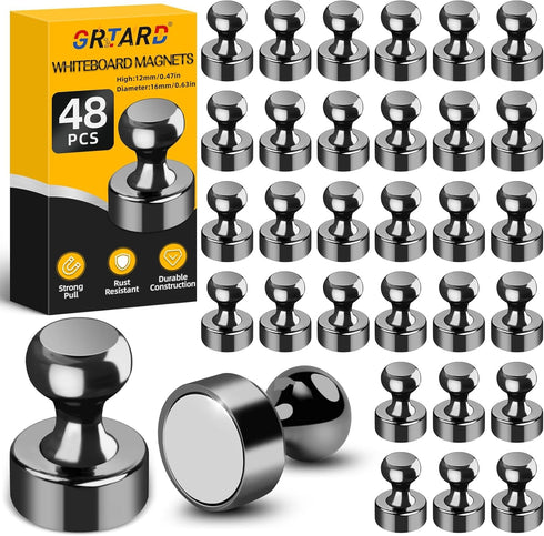 Grtard 48 Pack Black Magnetic Push Pins, Strong Small Fridge Magnets for Whiteboard, Office, School, Locker, Map