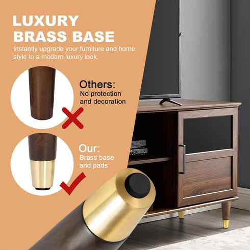 ALAMHI Set 4, 6 Inch Mid-Century Modern Couch Legs - of Brown Round Tapered with Brass Base for Cabinets, Coffee Table