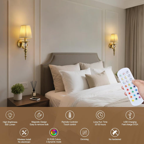MEYIAENGIE Set 2, 15 Wireless Lights for Wall Indoor of Rechargeable LED Wall Lamps with Remote Control, RGB Colors