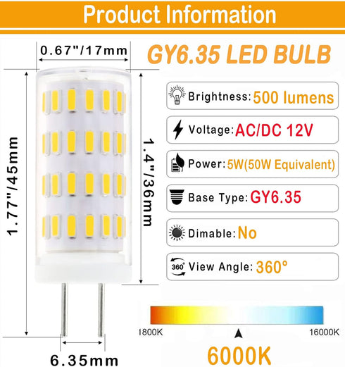 Lamsky GY6.35 Bulb 5W 50W 12V 6000K,GY6.35 Bulb Lighting,Non-dimmable(4-Pack) LED Equivalent to Halogen,AC/DC Daylight