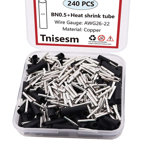 Tnisesm 240 Pcs Non Insulated Butt Connectors, 26-22 AWG Gauge Electrical Wire Seamless Uninsulated Crimp Ferrule