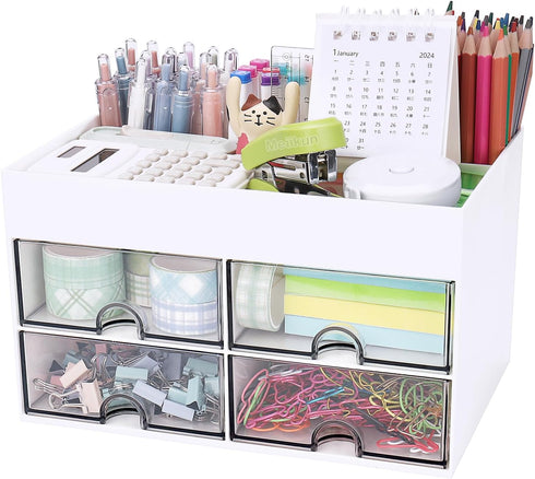 Desk Organizer with Drawer, Office Supplies & Workspace Organizers, 4 Drawers + 4 Compartments, White