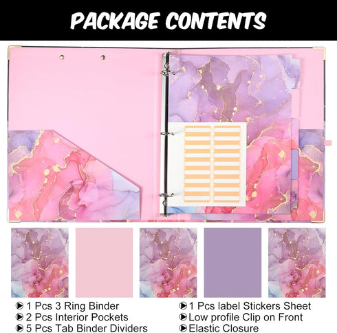 Teacher Binder 3 Ring Binder with Clipboard, 1 Inch Marble, 5 Tab Dividers, 2 Pockets, Label Stickers, Pink Gifts for