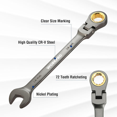 WORKPRO 14 mm Flex-Head Ratcheting Combination Wrench, 72-Teeth, Cr-V Constructed with Nickel Plating