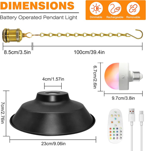 Puanticn 100 cm 23x7cm Portable Battery Operated Pendant Light, Rechargeable Pendant Lamp with Remote, Removable Black