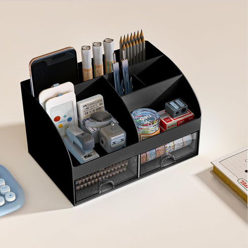 Desk Organizer with 6 Compartments and 2 Drawers, Plastic Makeup Organizer, Pen Holder for School, Home, Office Supplies
