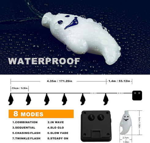 YOUNGAR Halloween Decor Lights - 2PACK 20ft 30 LED Solar Ghost String Lights with 8 Modes for Outdoor Decoration