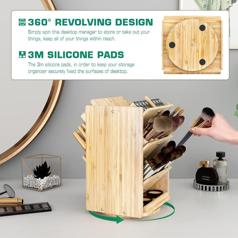 Bamboo Desk Organizer Storage Accessories, Ultra-large 13 Compartments, Easy DIY Assembly, Rotating Desktop Organizer