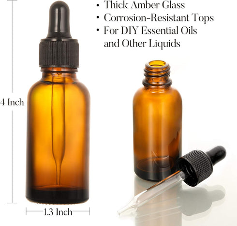 24 1 oz Dropper Bottles for Essential Oils with 6 Stainless Steel Funnels & 1 Long Glass Dropper - Amber Glass Tincture