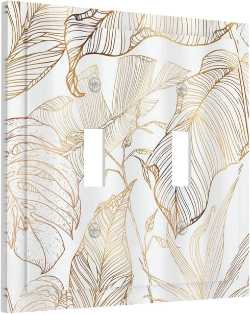 White Gold Tropical Palm Leaves Banana Leaf Double Toggle Light Switch Cover