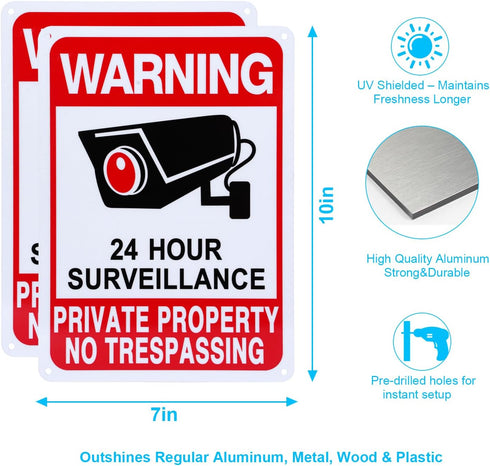Qofaoye 2-Pack 2025 10 7 No Trespassing Signs Private Property, Video Surveillance Signs Outdoor Version, x in UV