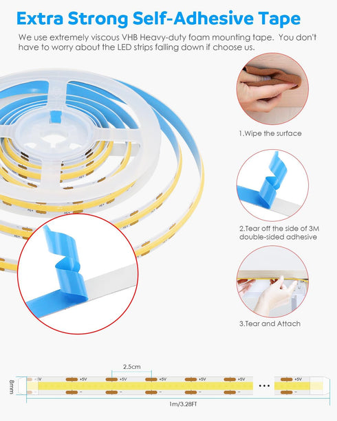 1M 5V 6000K Dimmable 3.28FT 320Leds 3D CRI>85 Aclorol COB LED Strip Light White USB Powered TV LED Backlights Flexible