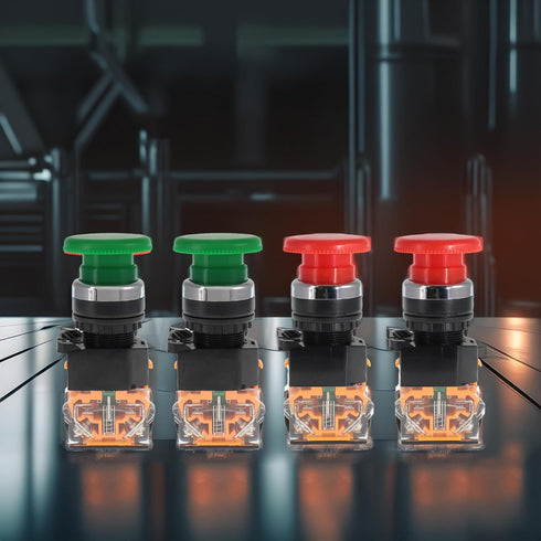 Emergency Push Button Switch, Green & Red Mushroom Head, for Home or Industrial Equipment, Operating Rooms, Distribution Boxes, NO NC, 22mm, Spring Return (4 pack, 2 green & 2 red)