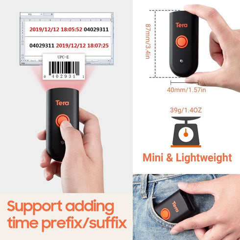 Tera Mini 1D 2D QR Wireless Barcode Scanner, Waterproof Shockproof Pocket Scanner, 3-in-1 BT & USB Reader, 1100D