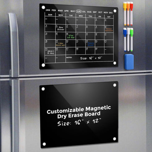 Black Magnetic Acrylic Calendar for Fridge, 2pcs 16"x12", Includes Protective Pads, 6 Magnetic Markers, Magnetic Eraser