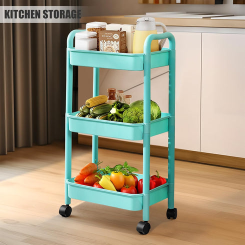 QPEY 3 Tier Utility Rolling Cart with Handle, Multifunctional Storage Organizer Rolling Carts with Wheels for Bathroom