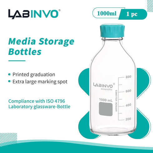 Glass Round Media Bottles, Vol.1000ml Borosilicate Glass Reagent Storage Bottle with GL45 Screw Cap, IN-RB1000A by LABINVO