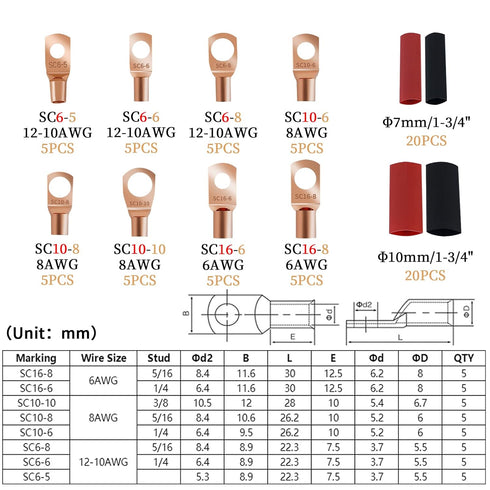 80 Pcs Copper Wire Lugs, Battery Terminal Connectors AWG 8 6 12/10 with Heat Shrink Set