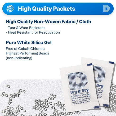 Dry & Dry Silica Gel Packets, Rechargeable Fabric Desiccants for Storage - White - 30 Packets (5 Gram)
