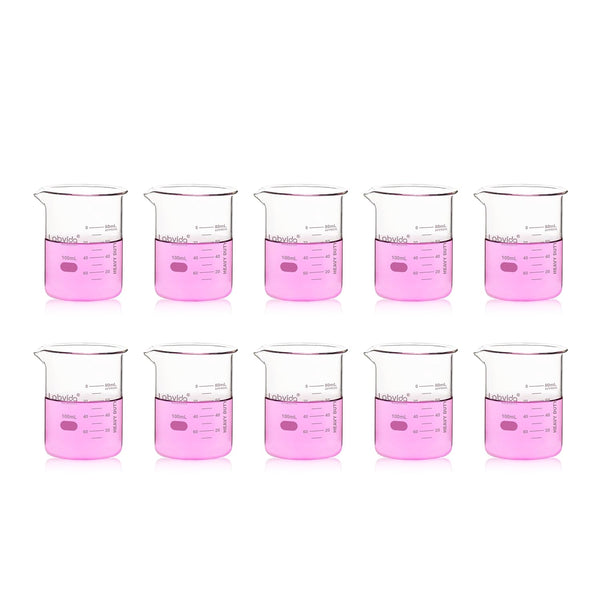 10pcs 100ml Upgraded Thick Glass Beakers, Griffin Low Form Set with Double Scale, 3.3 Boro, LVA024