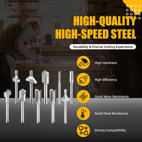 10 Set 1/8"(3mm) Trimming, Caelum Router Carbide Engraving Bits for Dremel, Pcs HSS Router Bit with Shank for Rotary