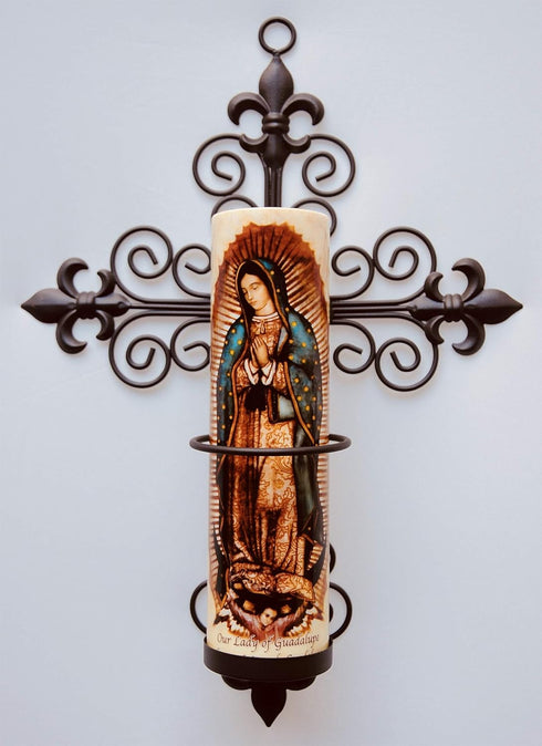 8" 2.375" 14" 9.5" 3.25" Fleur-de-lis Cross Wall Sconce with Candle Safety Guard Ring for All x Flame, Flameless or LED