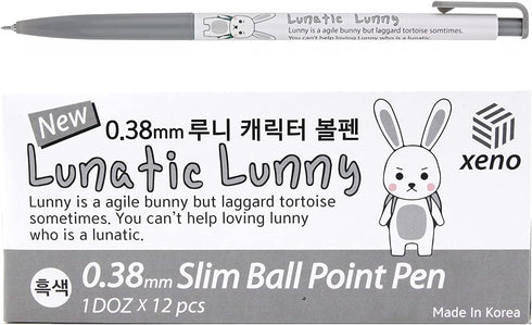 Xeno Lunatic Lunny 0.38mm Slim Ball Point Pen, Dozen Box, 12 Pcs, Made in Korea (Black)