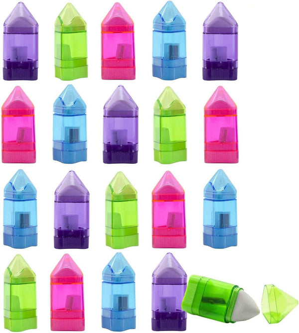 Alpurple 20 PCS Manual Pencil Sharpener with Eraser-2 in 1 Single Hole Triangular