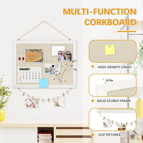 Bulletin Boards with Linen 1-Pack 16''X 12'' Double-sided Cork Board for Walls Wood Framed Bulletin Boards, Small Pin Board for Home Kitchen Office Decorative Hanging 10 Pushpins by DOLLAR BOSS
