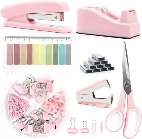 UPIHO Pink Office Supplies, Pink Desk Accessories Set, Stapler, Tape Dispenser, Gift for Students and Coworkers