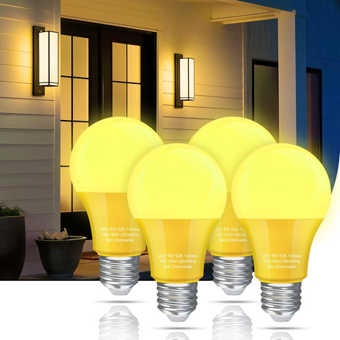 Yellow Bug Light Bulbs, A19 LED 9W, 60W to 100W Equivalent, Amber Yellow, E26 Base, Non-Dimmable, 4-Pack