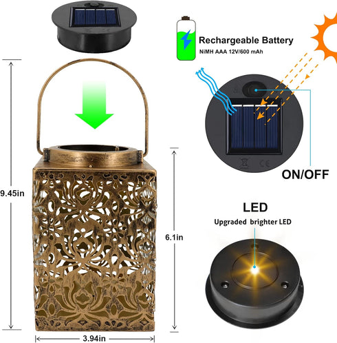 2 Pack Bronze Solar Lanterns - Waterproof Metal Hanging Solar Lights Outdoor Decorative, Solar Powered LED Lamp
