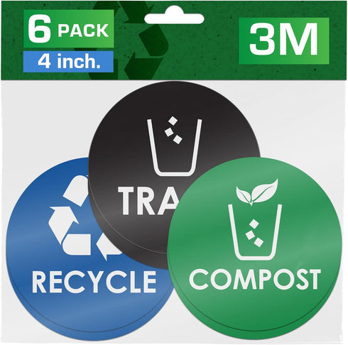 Trash Recycle Compost Stickers - 6-Pack, 4" Inch Round Decals for Indoor & Outdoor Waste Management
