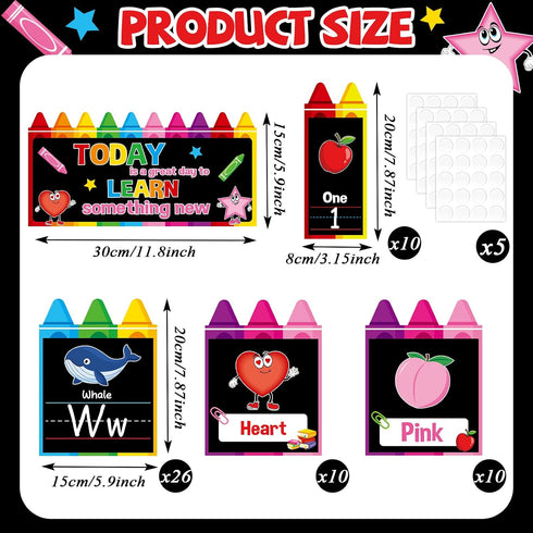 57Pcs Set QOUBAI Alphabet Number Bulletin Board Crayon Letters Number Colors Shapes Poster Back to School Wall