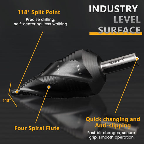 MulWark Four Spiral Flute Cobalt Step Drill Bit Set with Automatic Center Punch, Industrial Grade Coated Step Bits