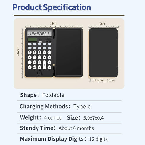 Portable Calculator with Notepad, 12 Digits Large Display, Rechargeable Solar Power for Office, School (Black)