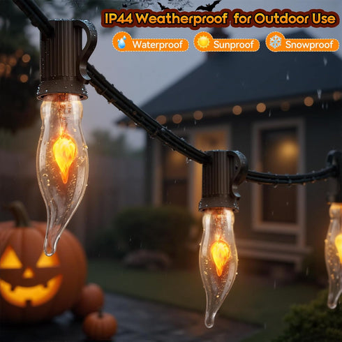 Hobbynors 50Ft Lights,25 C18 Bulbs Extra-Long Fall & Halloween String Flicker Flame for Outdoor Decor,Waterproof