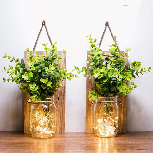 ECTY (2 Pack) Rustic Wall Sconces, Mason Jar Sconces, Farmhouse Home Decor, LED Fairy Lights, Green Fake Plant