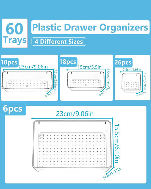 Asnews Set 60, 4-Size Clear Drawer Organizers of Vanity Organizer Trays, Stackable Bathroom & Desk Drawer Organizer