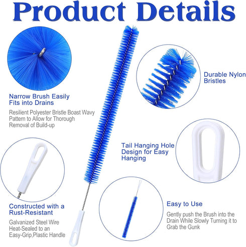 2 Pcs Drain Cleaner Brush, 15 Inches Extra Long Handle Scrub Cleaner for Kitchen, Pipes, and Dishwasher