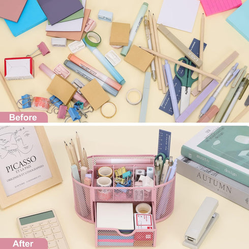 EOOUT Pink Desk Organizer - Mesh Pen Holder with 8 Compartments and 1 Drawer for Office, Home, School