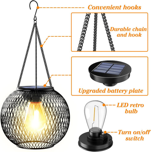 2 Pack, Solar Lantern Outdoor, Upgraded Hanging Lights Outdoor Garden Metal Lanterns Decorative Lighting Powered