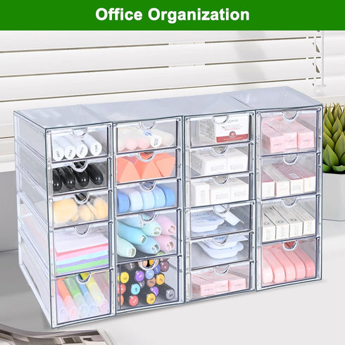 Makeup Organizer with 20 Drawers, 4 Set Clear Acrylic Storage for Desktop Office Supplies, Hair Accessories