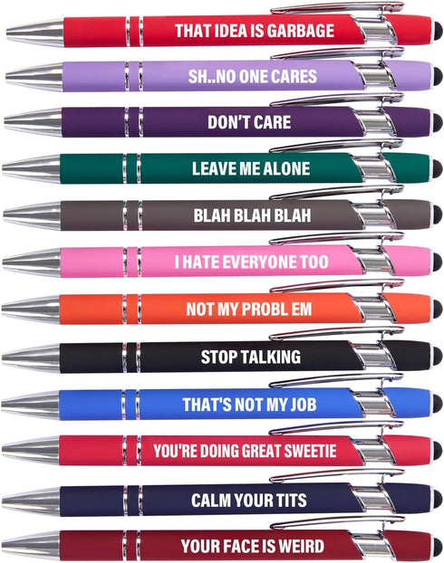 Funny Pens, 12 Pcs Sarcastic Ballpoint Pens, Fine Point Smooth Writing Pens with Screens Touch Stylus Tips, Black Ink