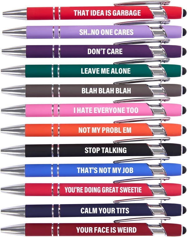 Funny Pens, 12 Pcs Sarcastic Ballpoint Pens, Fine Point Smooth Writing Pens with Screens Touch Stylus Tips, Black Ink