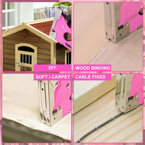 THINKOWRK 3 in 1 Light Pink Staple Gun - Home Use Upholstery with 900 Staples, Nail Gun for Wood, Fabric, DIY Repair